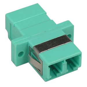 LC/UPC Multimode Duplex Fiber Optic Coupler with Flange, Aqua LC/UPC Multimode Duplex Fiber Optic Coupler with Flange, Aqua